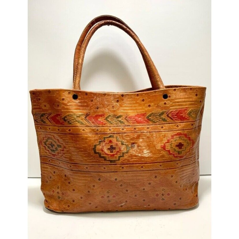 Vintage 80s Handmade Caramel Brown Leather Southwestern Medium Tote Bag